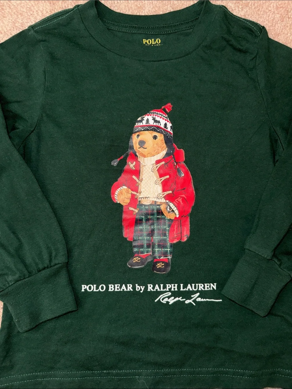 Ralph Lauren Kids Polo Bear Long-Sleeve Tee - Forest Green with Red Bear Graphic